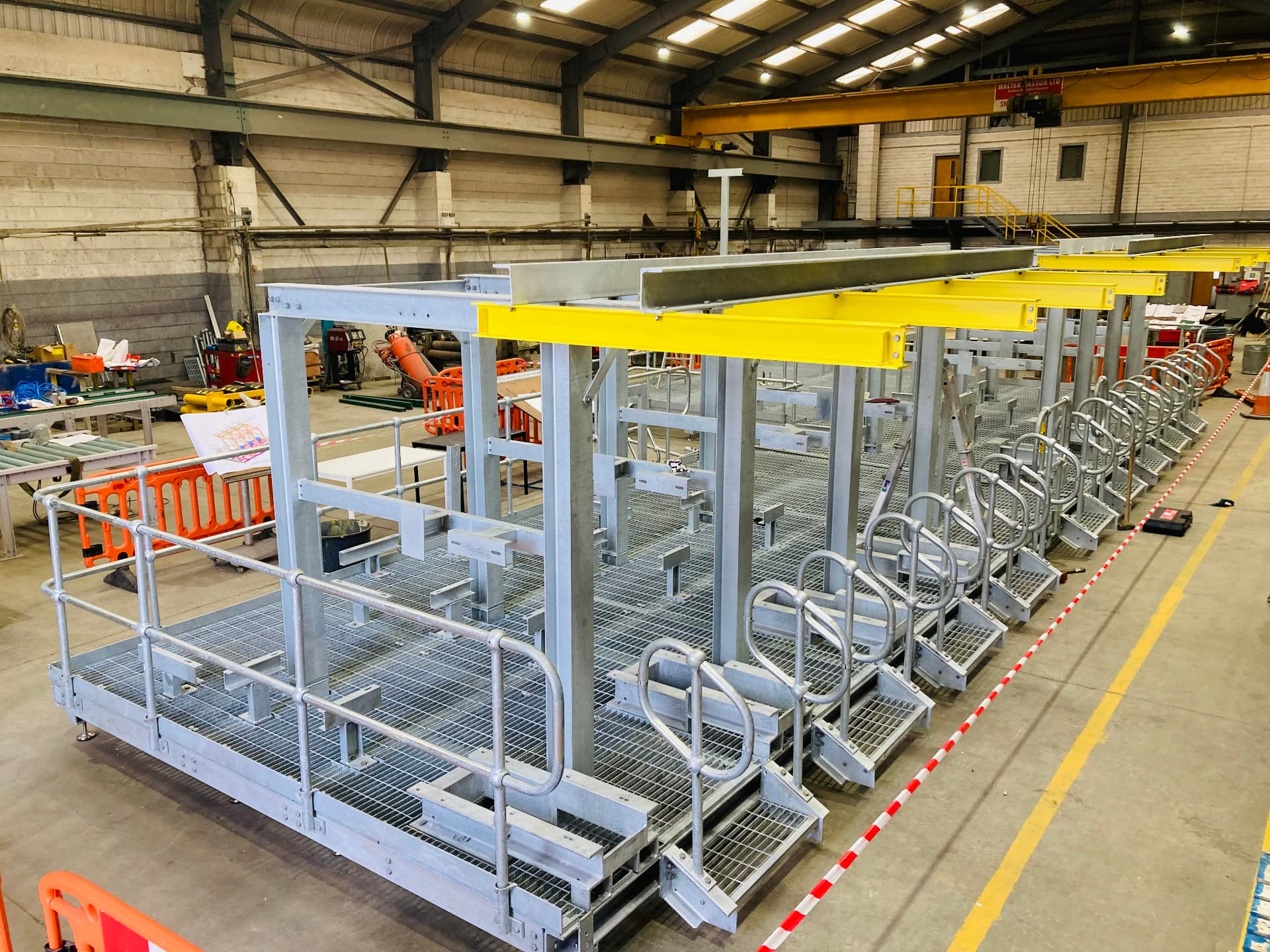 Galvanised mild steel access platforms under construction in the fabrication workshop