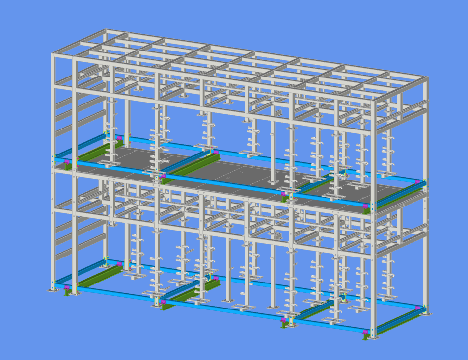 3D steel model of a multi-level solvent manifold frame designed by NoreFab